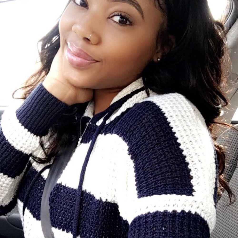 white and navy blue striped sweater
